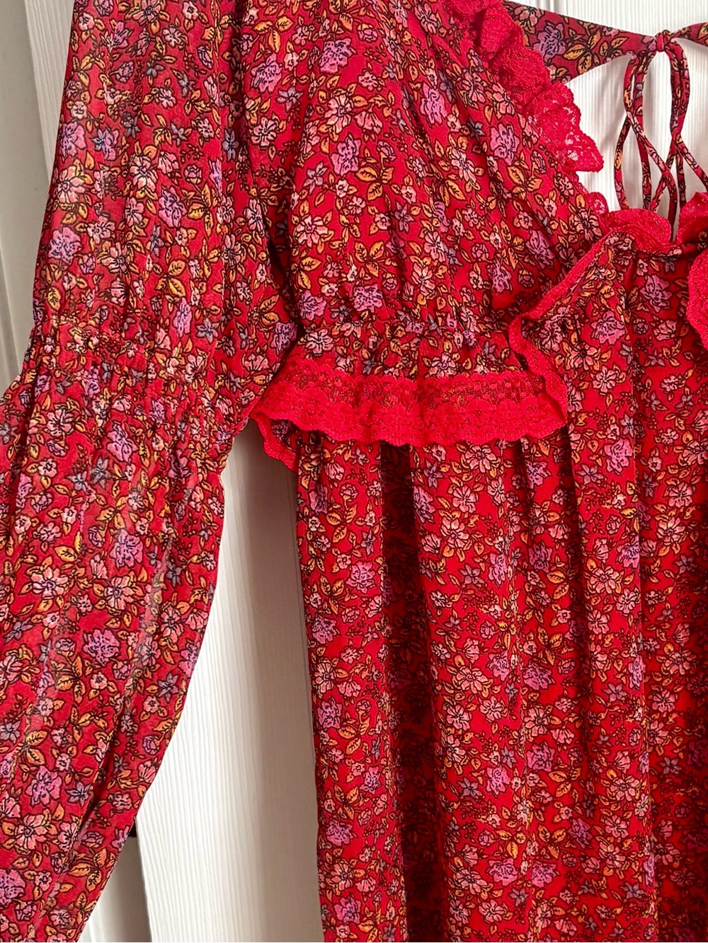 Free People Red Floral Ruffle Peasant Top/Dress - Picture 5 of 8